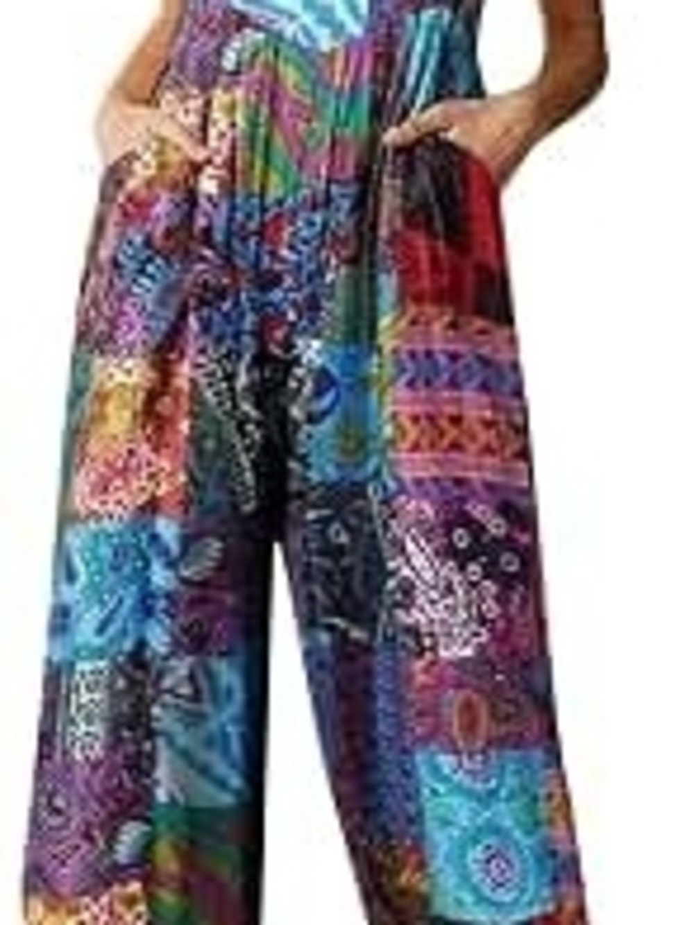 Multicolor Patchwork Wide-Leg Jumpsuit with Pockets - Bright Boho Print